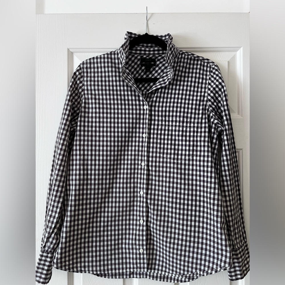 J. Crew dark purple and white gingham button down, boy cut.